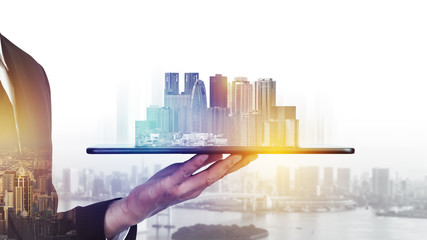 Modern creative telecommunication and internet network connect in smart city. Concept of 5G wireless digital connection and internet of things future.