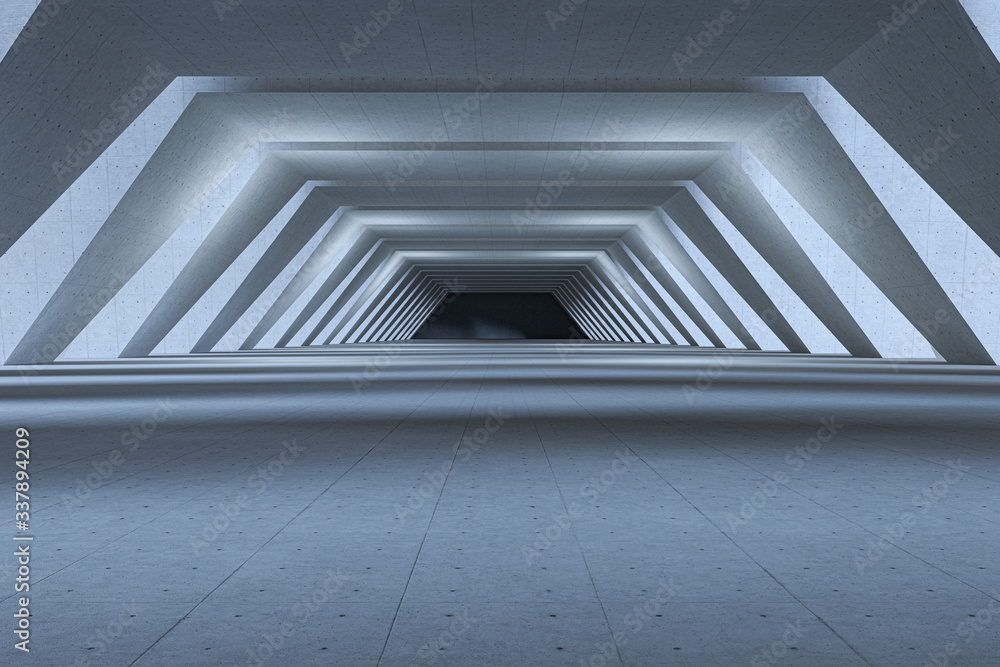Poster concrete hexagonal tunnel, modern architecture, 3d rendering.