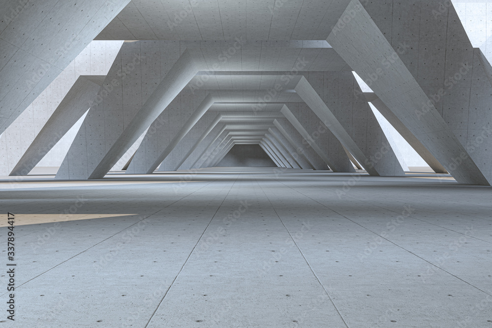 Poster concrete hexagonal tunnel, modern architecture, 3d rendering.
