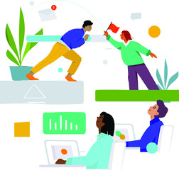 Education and training teacher giving lessons to students, flat vector character scene creative concept illustration