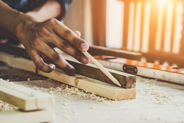 Carpenter working on wood craft at workshop to produce construction material or wooden furniture....