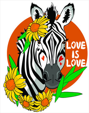 Fun zebra stands in flowers isolate on white background. 
Love is love- 
lettering.  Humor card, t-shirt design composition, hand drawn style print. Vector illustration.