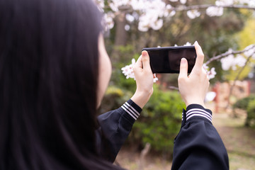 スマートフォンを操作する女子学生