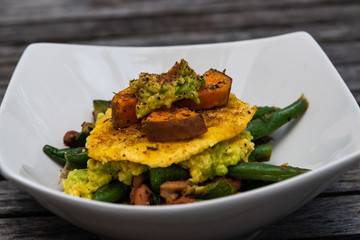Black-eyed peas, green string beans, sweet potatoes, avocado, plantains