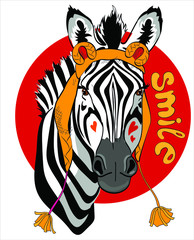 Fun zebra in festive cap isolate on white background. 
Smile -  lettering. Humor card, t-shirt design composition, hand drawn style print. Vector illustration.