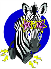 Fun zebra rock star with glasses and 
headphones isolate on white background. 
Humor card, t-shirt design composition, hand drawn style print. Vector stock illustration.