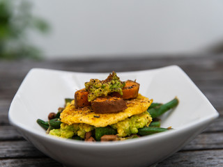 Black-eyed peas, green string beans, sweet potatoes, avocado, plantains