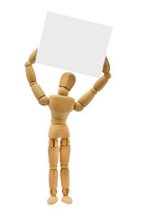 A wooden puppet with a sign to communicate something to the public on a white background,with clipping path