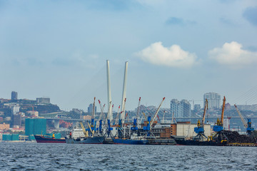 Summer, 2015 - Vladivostok, Russia - Vladivostok Industrial Marine Facade. Cargo cranes in the...