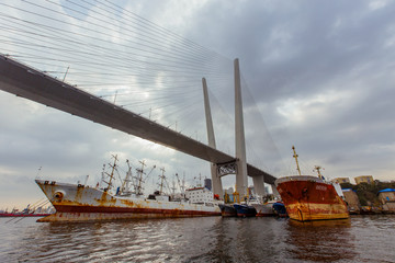 Obraz premium Industrial zone in the Zolotoy Rog Bay in Vladivostok. Ships stand under the Golden Bridge