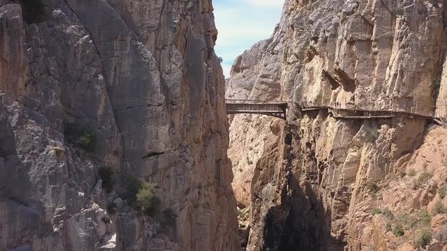Drone view of - The King's Little Path Way - "El Caminito del Rey" in El Chorro gorge , one of the most dangerous footpaths, a famous touristic destination in south of Spain, Malaga , Costa del Sol