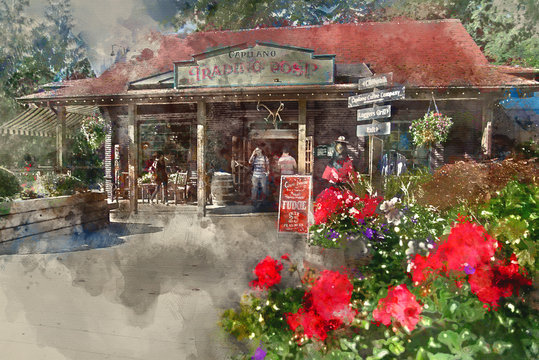 Painterly converted image of the Capilano Trading Post near the Suspension Bridge at the District of North Vancouver
