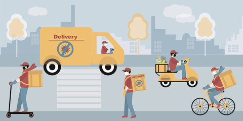 Contactless Delivery of food concept. Coronavirus, covid-19. Delivery man, courier by all means of transport set, on foot, by bicycle, by moped, by scooter , by minibus