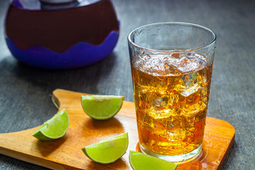 fresh ice lemon tea in the glass. summer drink 