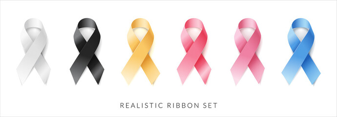 Set of White, Black, yellow, Red, Pink, Blue, ribbon on white background. Realistic vector illustration