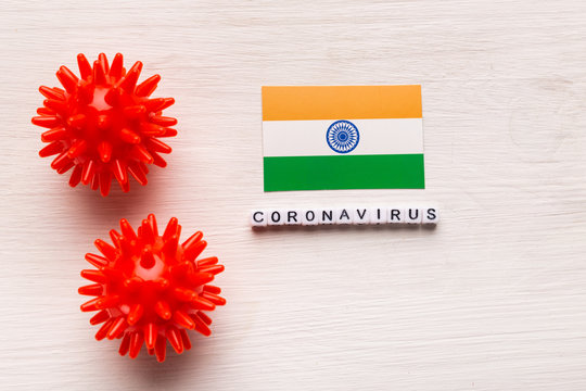 Abstract virus strain model of 2019-nCoV middle East respiratory syndrome coronavirus or coronavirus COVID-19 with text and flag India on white background. Virus pandemic protection concept. - Powered by Adobe