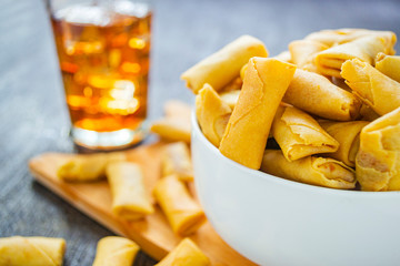 Shrimp spring roll. crispy snack made from shrimp, garlic, roll pastry 
and other ingredients. has a savory taste and crispy texture