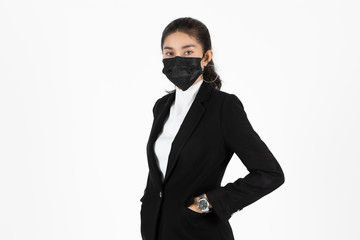 Portrait young Asian business woman in suit wearing face mask on white isolated background. Coronavirus flu virus , Covid 19 , Air pollution pm2.5 concept.