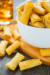 Shrimp spring roll. crispy snack made from shrimp, garlic, roll pastry 
and other ingredients. has a savory taste and crispy texture