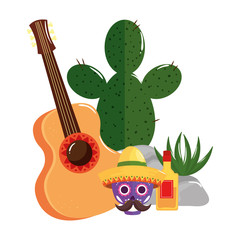 Mexican skull with hat guitar tequila bottle and cactus design, Mexico culture tourism landmark latin and party theme Vector illustration