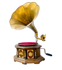 Vintage gramophone player isolate on white with clipping path for object, retro technology