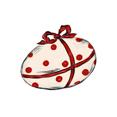 Easter egg painted red polka dot pattern tied with satin ribbon and bow