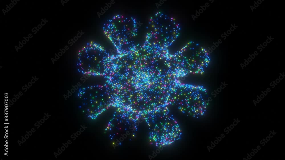 Poster luminescent flower. an explosion of colored particles form an abstract glowing flower on a black bac