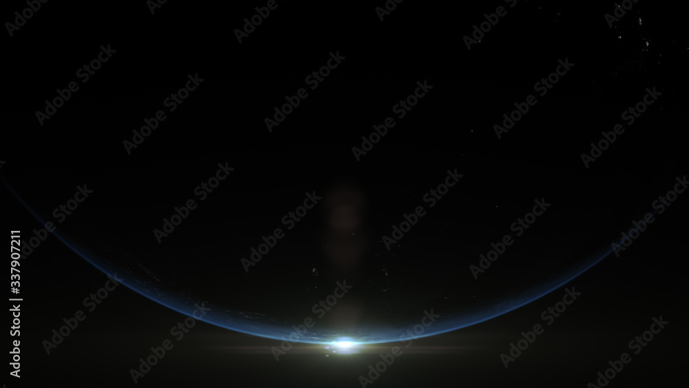 Poster A cinematic rendering of planet Earth rise rotation moving from night side to the illuminated daylight side with the sun rising on the planet's horizon