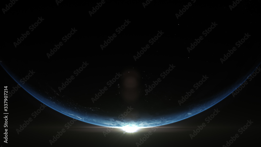 Poster a cinematic rendering of planet earth rise rotation moving from night side to the illuminated daylig
