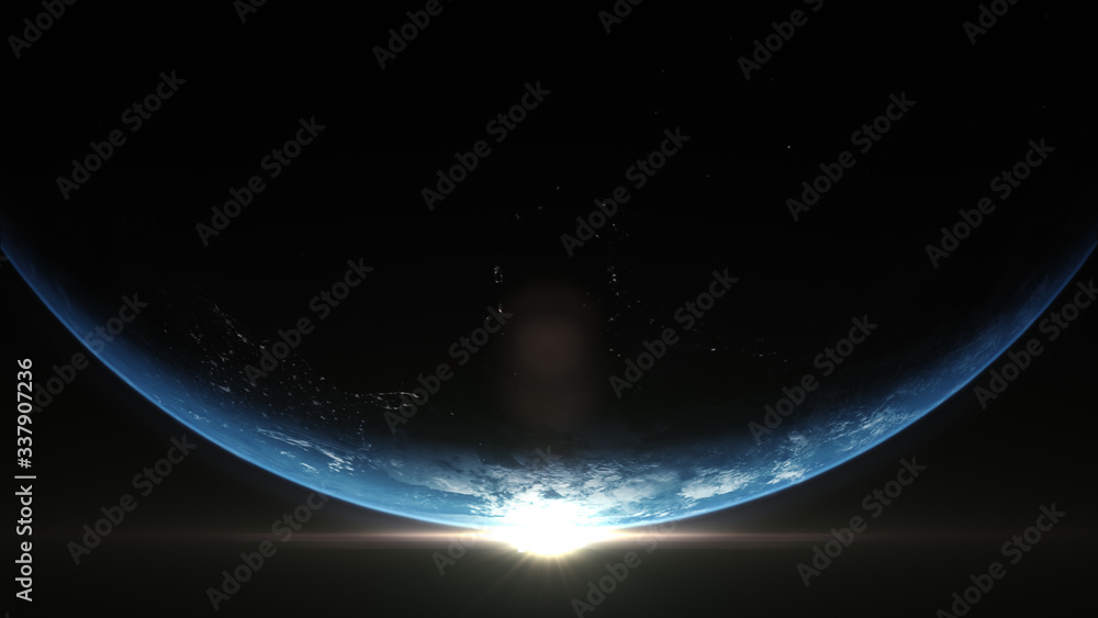 Poster a cinematic rendering of planet earth rise rotation moving from night side to the illuminated daylig