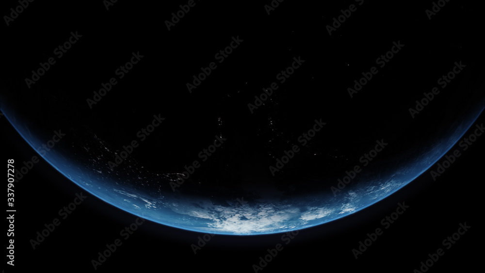 Poster a cinematic rendering of planet earth rise rotation moving from night side to the illuminated daylig