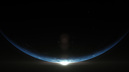 A cinematic rendering of planet Earth rise rotation moving from night side to the illuminated daylight side with the sun rising on the planet's horizon