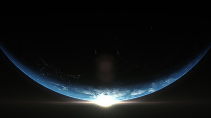 A cinematic rendering of planet Earth rise rotation moving from night side to the illuminated...