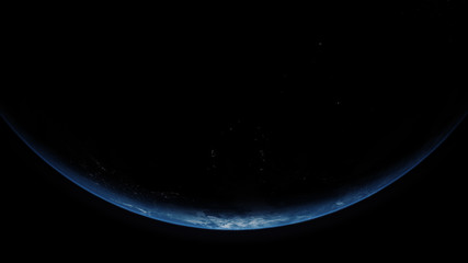 A cinematic rendering of planet Earth rise rotation moving from night side to the illuminated daylight side with the sun rising on the planet's horizon