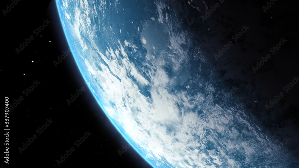 Poster a cinematic rendering of planet earth rise rotation moving from night side to the illuminated daylig