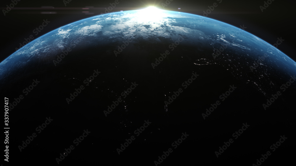 Poster a cinematic rendering of planet earth rise rotation moving from night side to the illuminated daylig