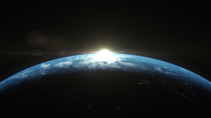 A cinematic rendering of planet Earth rise rotation moving from night side to the illuminated daylight side with the sun rising on the planet's horizon