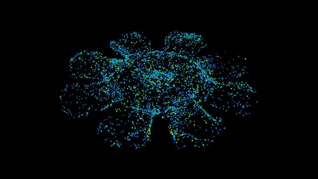 Blue, yellow and green particles mix and form a fantastic flower. Rotation counterclockwise on a black background.