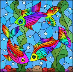 Fototapeta na wymiar Illustration in stained glass style with bright rainbow fish on the background of water, bottom and algae