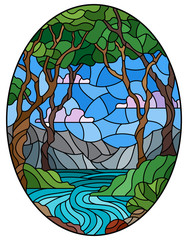 Illustration in stained glass style with a rocky Creek in the background of the Sunny sky, mountains, trees and fields