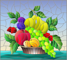 Naklejki  Ilustracja w stylu witrażu z martwą owocami, dojrzałymi jagodami i owocami w koszu na stole na niebieskim tle