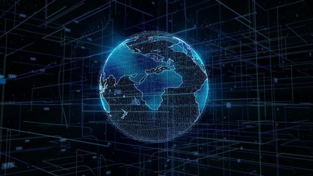 Planet Earth Spin With Big Data Digital Cyberspace Binary Number Information. Futuristic Rotating Globe Statistics Report 4K Animation Business Concept.