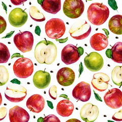 Watercolor illustration. Fruit pattern on a white background. Apples, halves of apples and leaves.