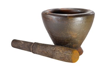 brown mortar kitchenware in isolated