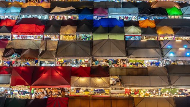 Ratchada Train Night Market Timelapse. Traditional Marketplace in Bangkok Thailand