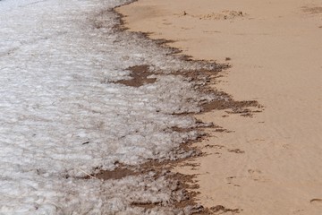 Dirty snow and beige sand.