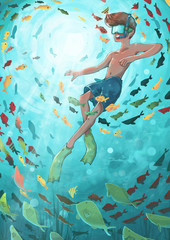 A kid is diving underwater surroundings with a big group of fishes.