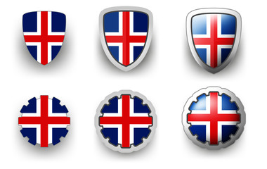 6 Iceland vector icons button shield and gear, flat and volumetric style in flag colors blue, red, white for flyer any holiday design or poster