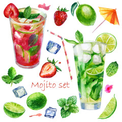 Watercolor illustration, set. Image of glasses with mojito cocktails and strawberry mojito. Mint leaves, lime, lime slices, ice cubes for drinks, cocktails, strawberries