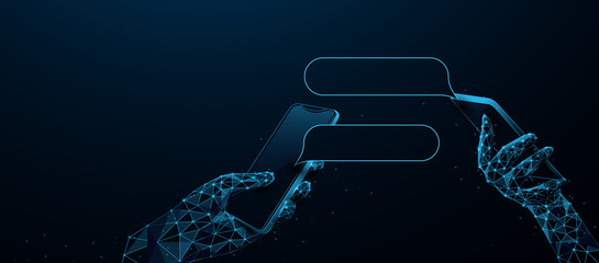 Hands holding phones with dialog speech bubbles. People texting messages via messenger using smartphone. Communication. Stay home. Social distancing